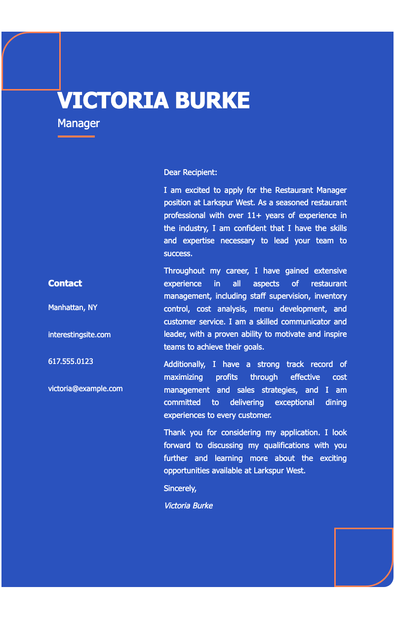 Creative food service cover letter - Elegant blue cover letter template with modern geometric accents, ideal for restaurant management professionals showcasing experience and leadershi...